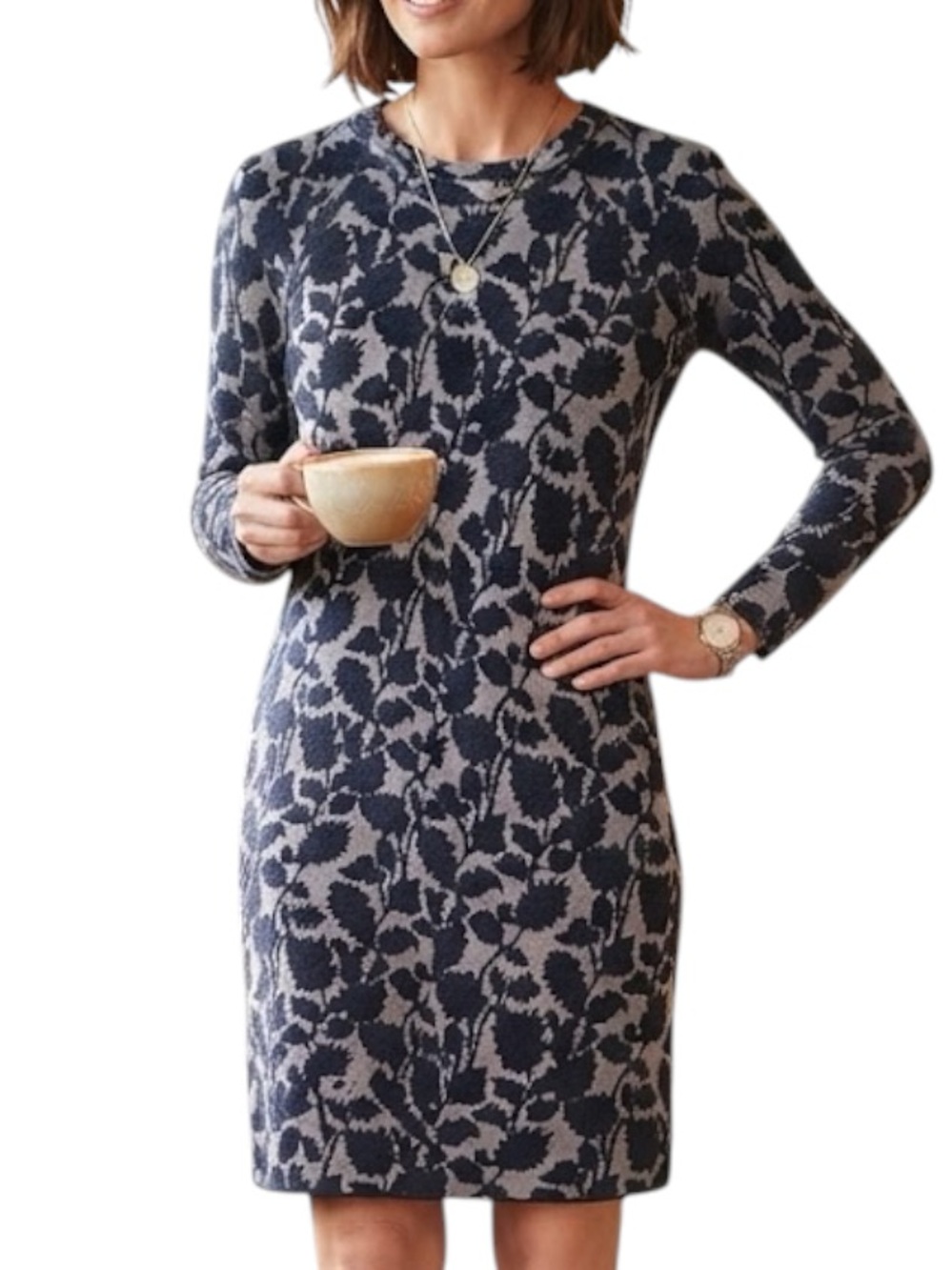 Preppy Minimalist Y2K Taupe Floral Knit Long Sleeve Midi Dress Ann Taylor Loft L